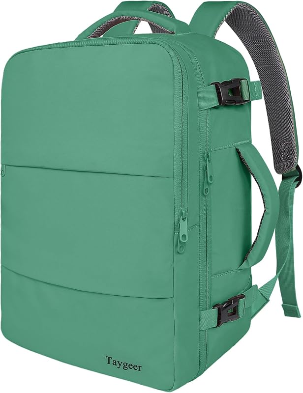 Mochila de viaje Taygeer para mujer, bolsa compatible con TSA para senderismo de negocios | Bolsa de mano aprobada por aerolínea de 40 litros con compartimento para computadora portátil de 17,3 pulgadas, mochila, equipaje de mano para amigos, gimnasio, deporte, verde