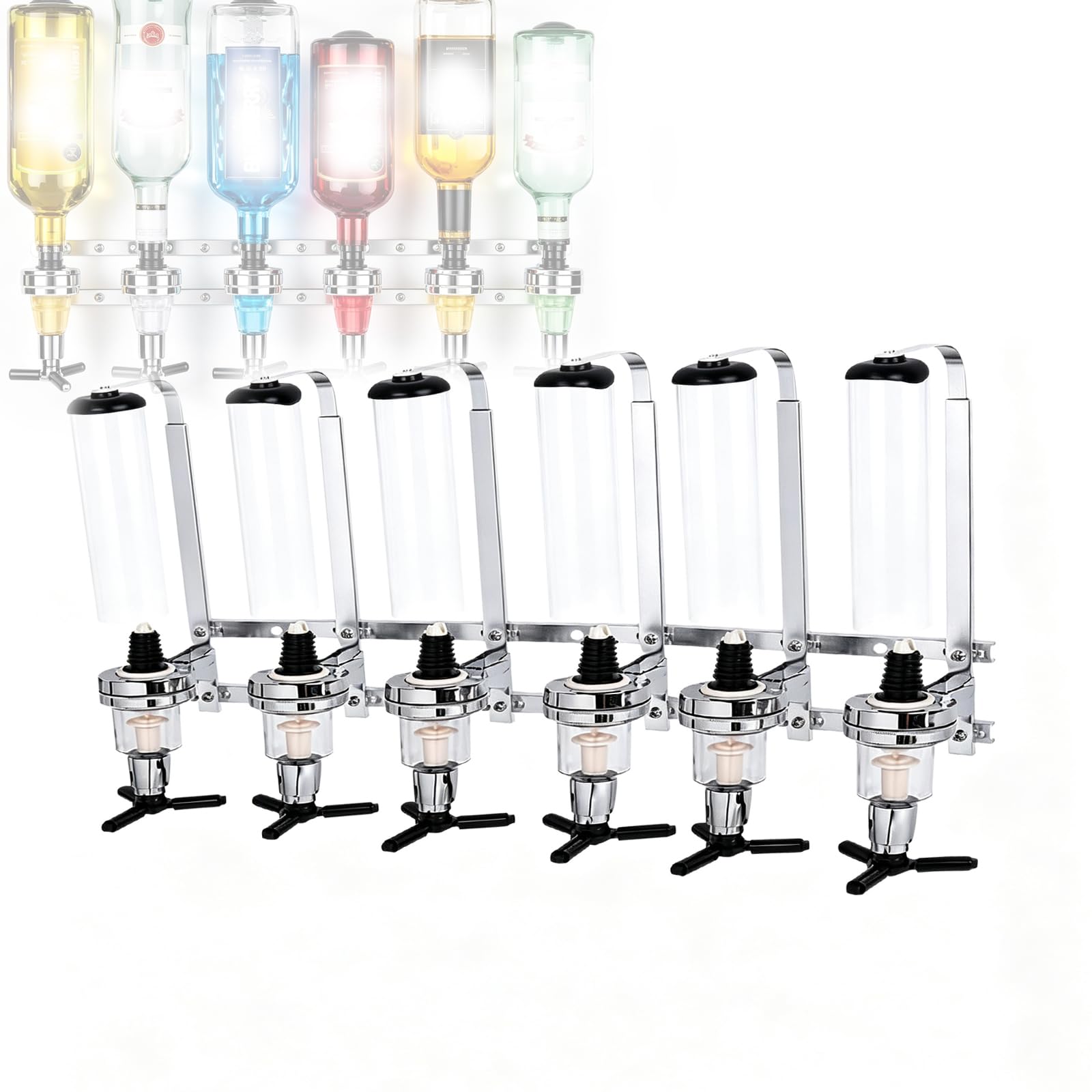 Dispensador De Licores Y Alcohol De Pared para 6 Botellas, Soporte De Bebidas De Acero Inoxidable, Ideal para Bares Y Fiestas En Casa. Apto para Vino, Cócteles, Bebidas Alcohólicas Y Zumos.