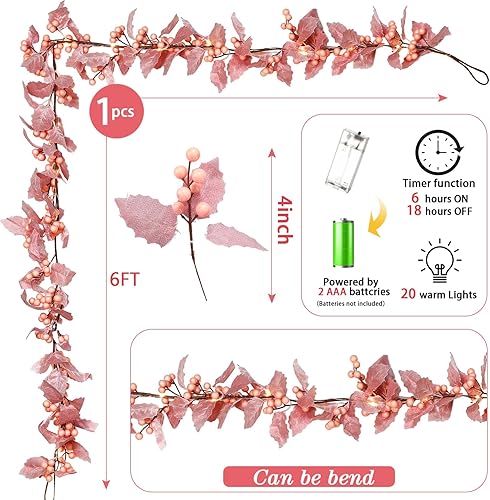 Miniatura 2 de Syhood Guirnalda de bayas de Navidad de 6 pies, guirnalda de hojas de acebo iluminada para interiores, guirnalda artificial de otoño, decoración de
