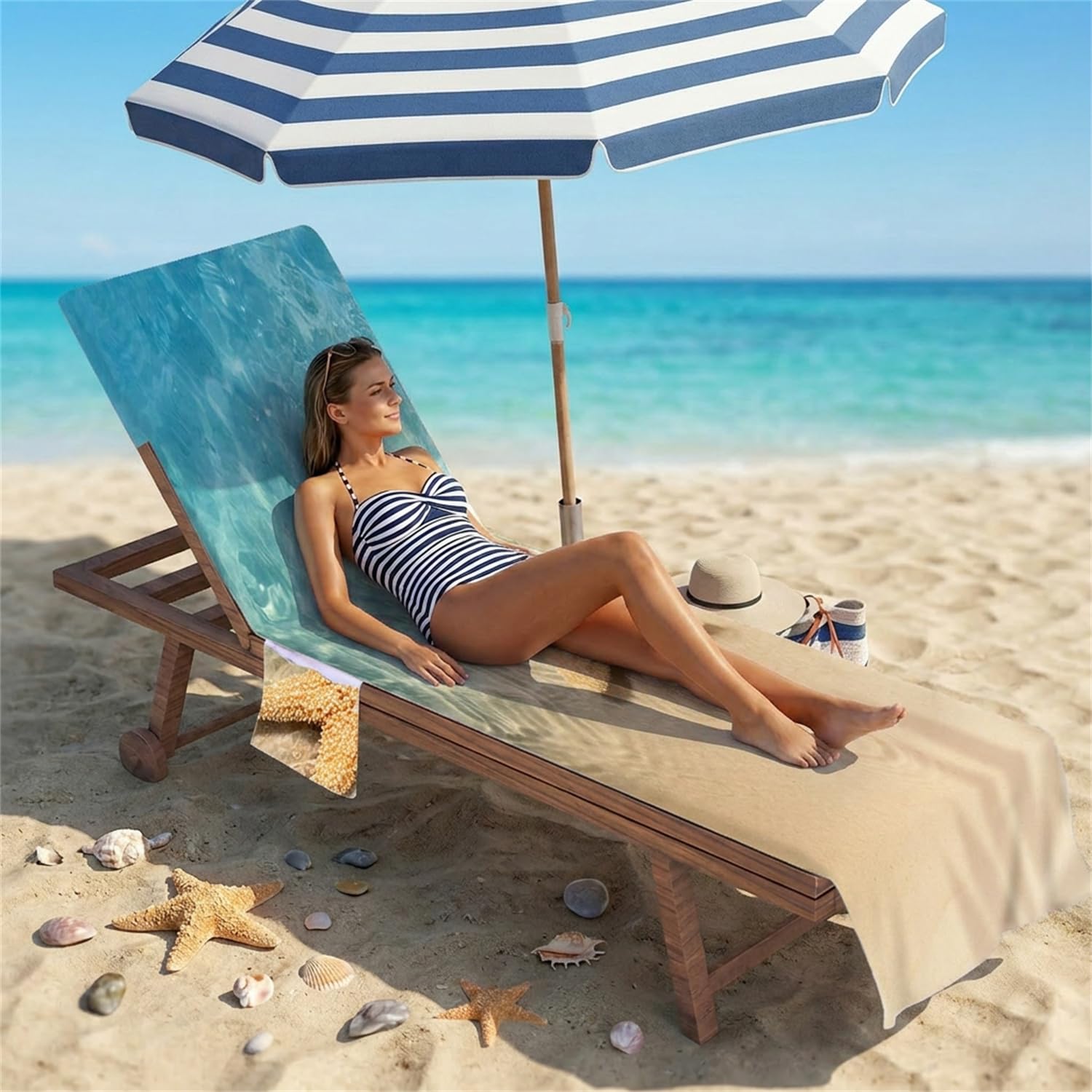 Surwin Telo Mare per Lettino, Stella Marina Microfibra Fodera per Sedia da Spiaggia con Tasche Laterali, Copri Lettino Mare per Asciugamano Piscina | 75x210cm, Verde