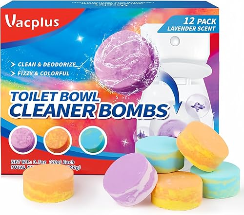 Vacplus Limpiadores de inodoro, paquete de 12 tabletas limpiadoras de inodoro con aromas de lavanda, bombas limpiadoras de inodoros gaseosas y