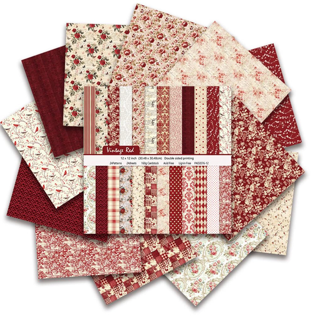 Wkładka do schowka, papier wzorowy 12x12, 24 arkusze dwustronnego papieru do scrapbookingu, papier do wzorów, 12 wzorów, 160 g/m2 papier do scrapbookingu, papier dekoracyjny(Red)