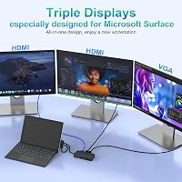 Docking station Rocketek 12-în-1 pentru Surface, compatibil cu 3 monitoare, HDMI dublu, VGA, cu alimentare, pentru Pro 11 X 10 9 8 7 6 5 4 3, Laptop 7 6 5 4 3 2 1, Book, Go 2