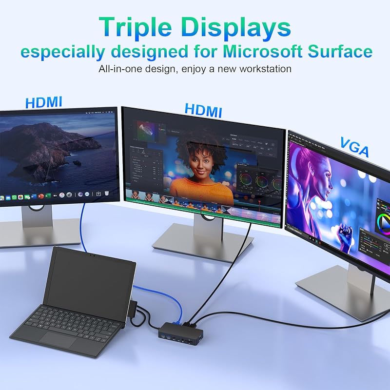 Docking station Rocketek 12-în-1 pentru Surface, compatibil cu 3 monitoare, HDMI dublu, VGA, cu alimentare, pentru Pro 11 X 10 9 8 7 6 5 4 3, Laptop 7 6 5 4 3 2 1, Book, Go