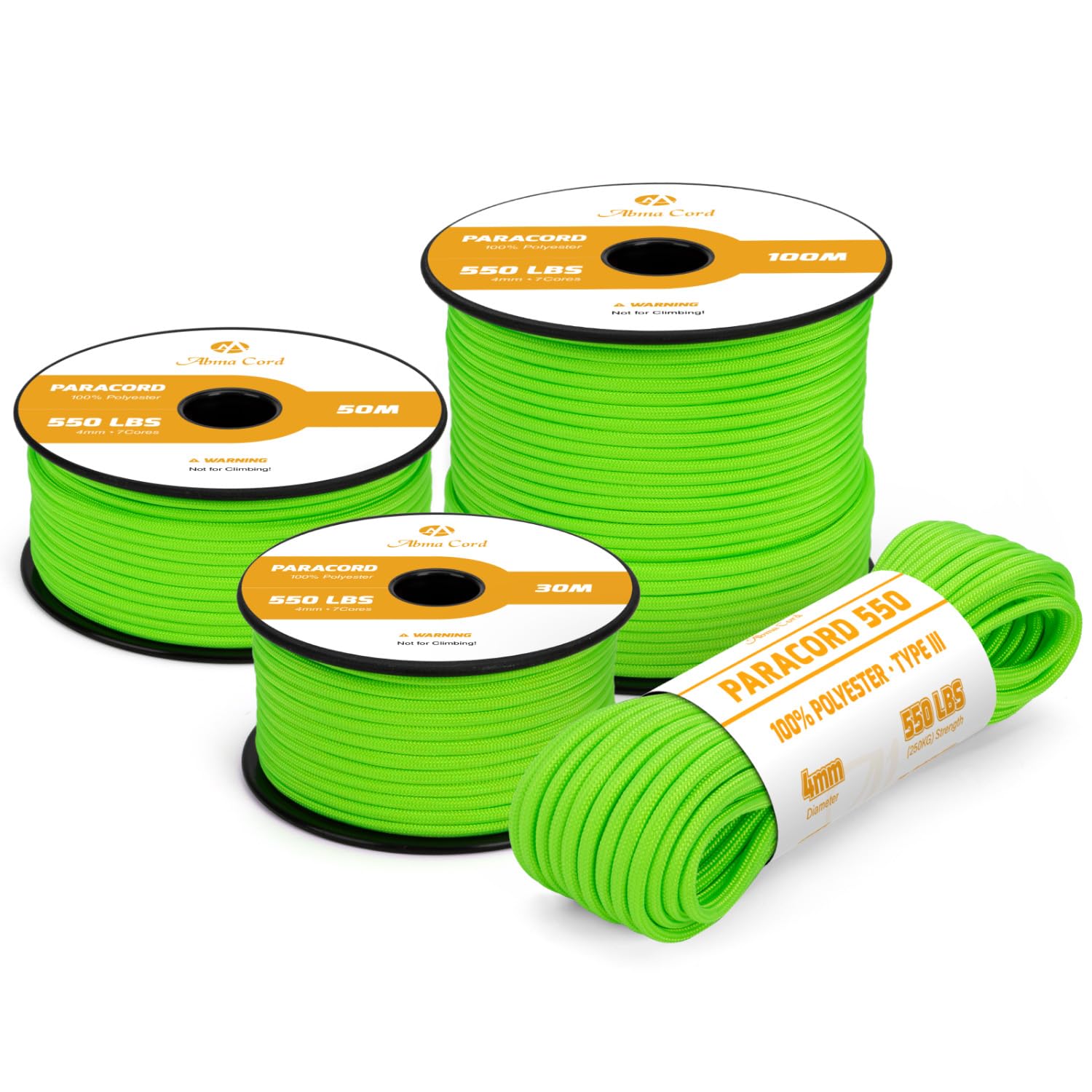 Abma Cord 550 Paracord 4mm 30m Rope 7 Strands Type III Parachute Cord for Crafting, Camping, Survival, Outdoor - Max. 250kg - Neon Green
