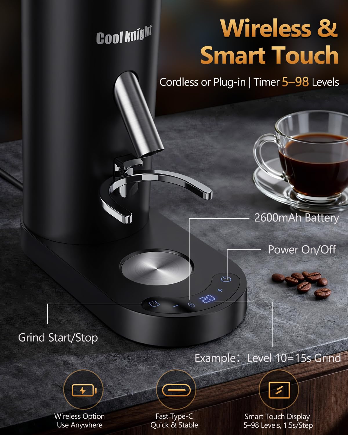 COOL KNIGHT Molinillo de café cónico recargable, 60 ajustes de molienda y temporizador de 5 a 98 niveles, molinillo de espresso con tolva de fuelle y soporte para portafiltro, fácil de limpiar