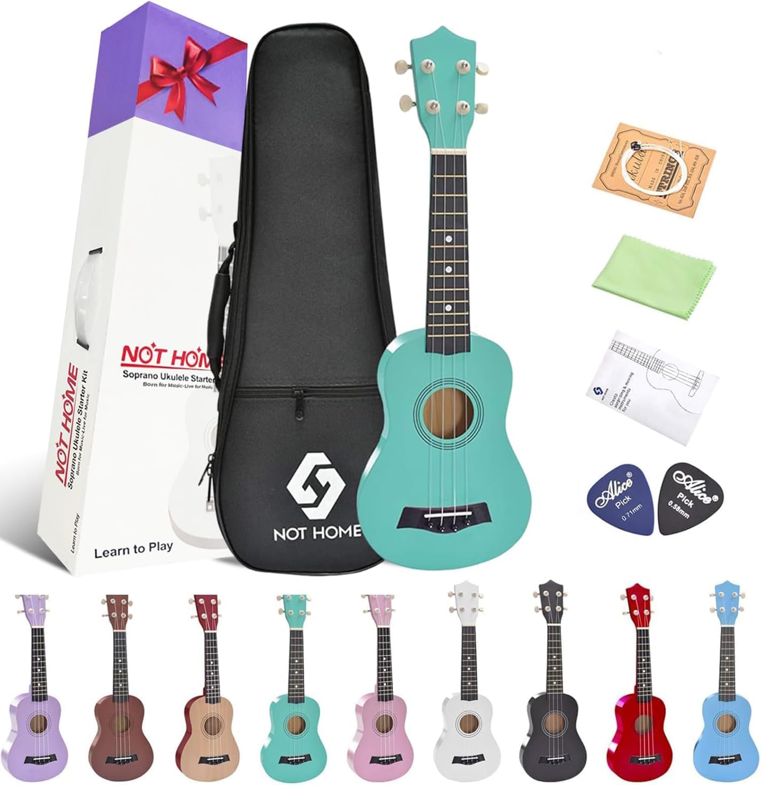 Soprano Ukulele Beginner Pack, 21 Inch Basswood kids Ukuleles Starter Kit with Gig Bag Spare Strings and Picks. (green)