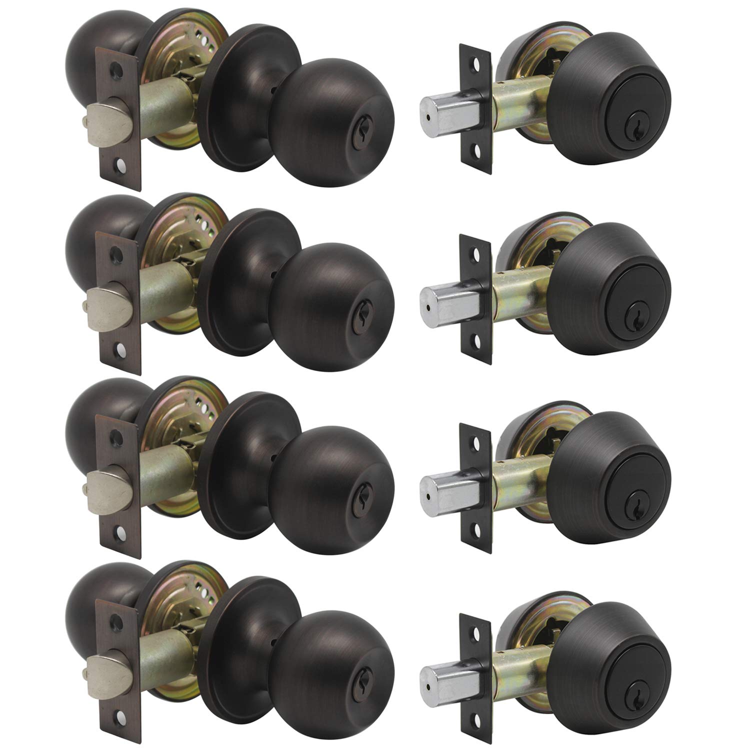 Probrico Oil Rubbed Bronze Double Cylinder Handleset Combo Pack, Keyed Alike Door Knobs 4 Pack, Exterior Lockset Ouside Hardware, Security Lock