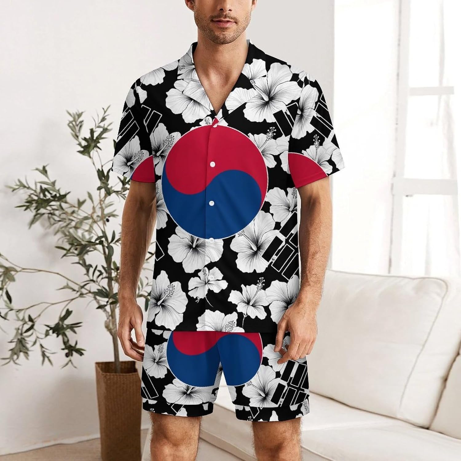 South Korea Korean Flag Hibiscus Flowers Men's Short Sleeve Pajama Set Satin Silk Like Lounge Sleepwear