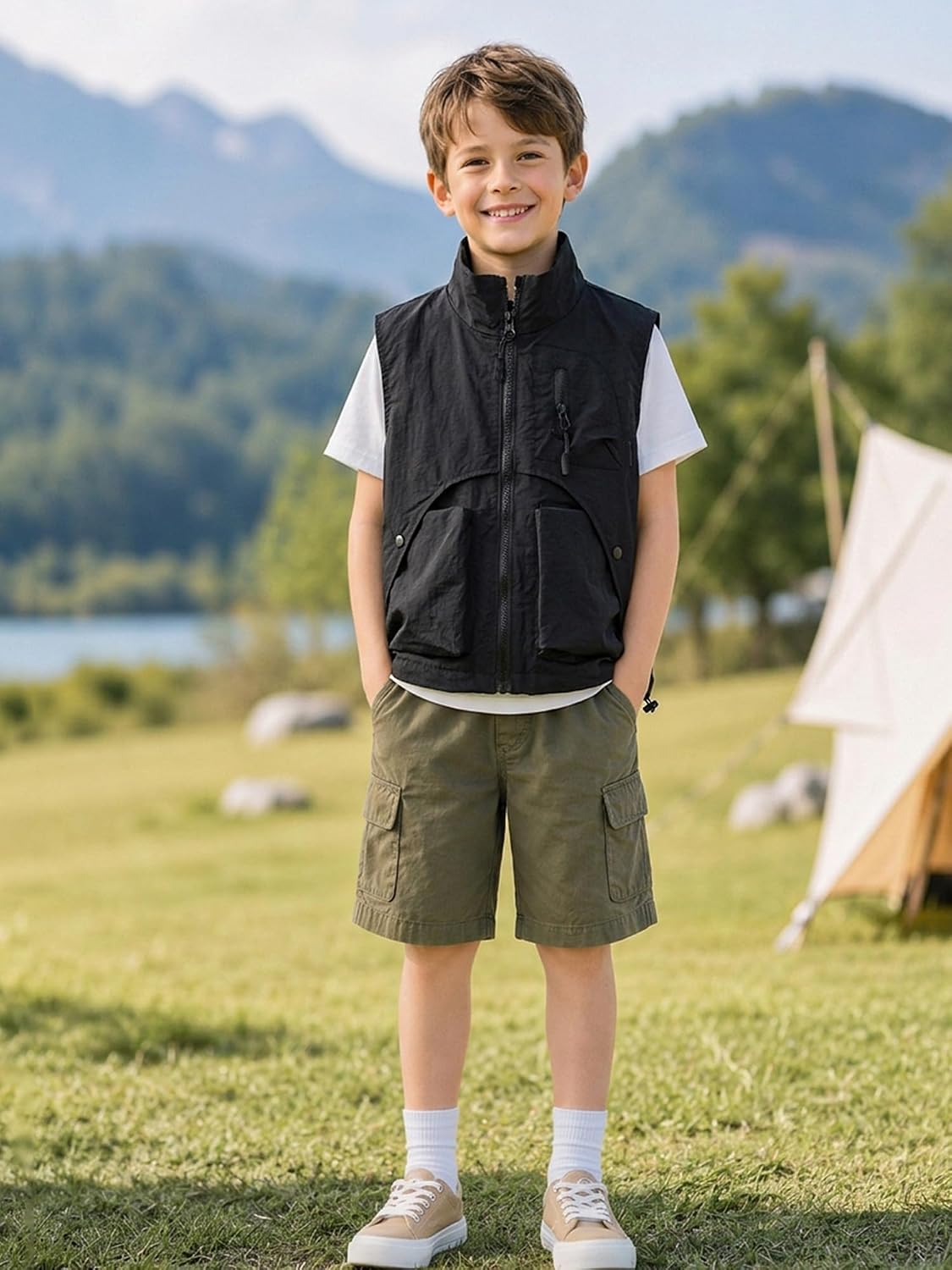 Boys Cargo Vest Sleeveless Outdoor Jacket Cycling Layer | Safari Vest,Active Youth,Functional Outerwear,Athletic Outer,Physical Activity,Young Wear,Workout Layer,Fish Gear