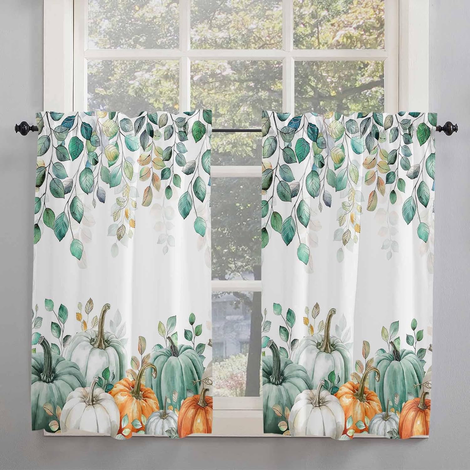 Fall Pumpkin Tier Curtains 45 Inch Length, Thanksgiving Watercolor Green Eucalyptus Leaf Rod Pocket Kitchen Tier Curtains 2 Panels, Farmhouse Small Window Treatment Tiers for Bathroom Cafe, 27.5”x45”
