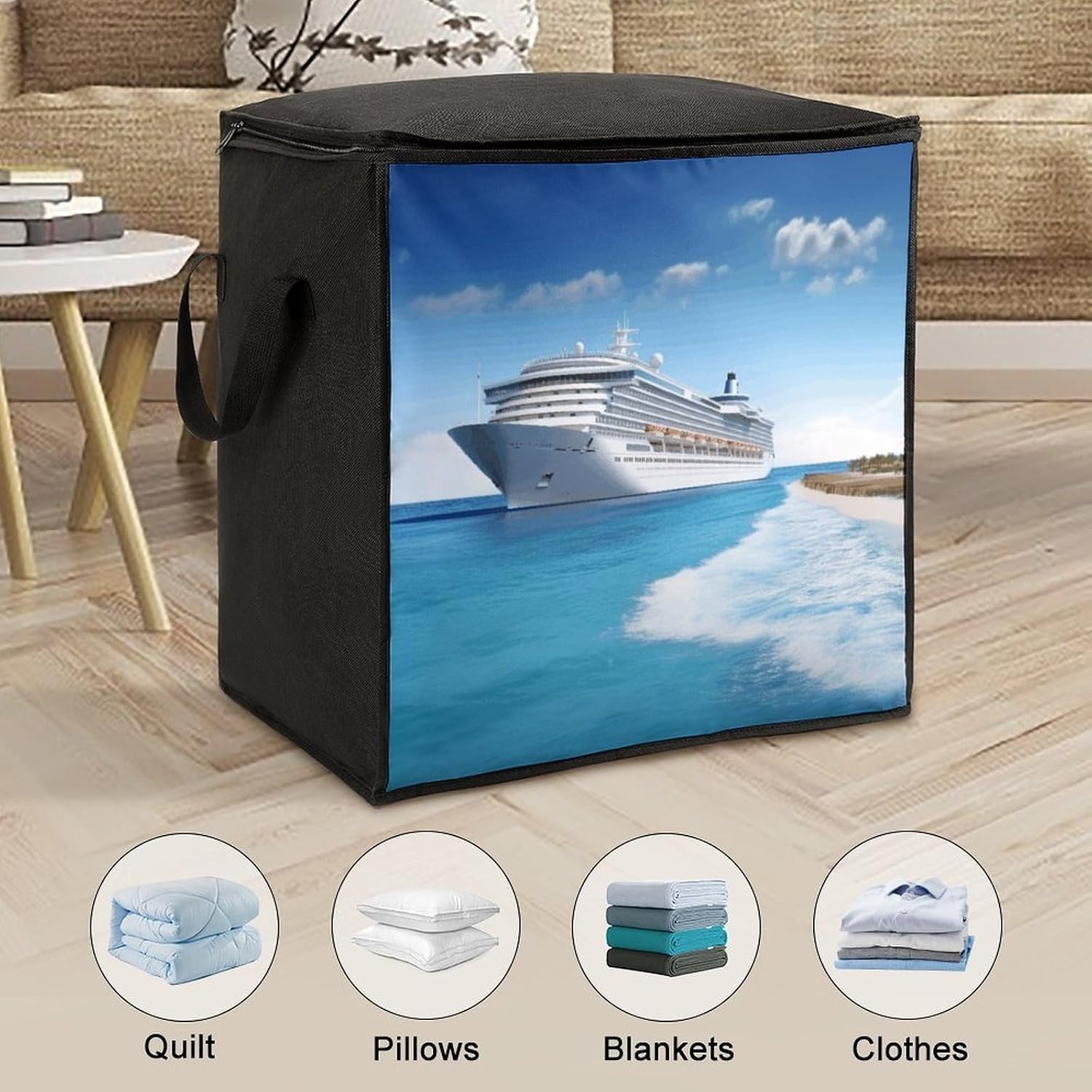 Seaside Cruise Ship Storage Bag with Zippers And Handle Extra Large Bedding Comforter Storage Bag Foldable Blanket Storage Bags Fabric Moving Bags for Closet Organizer (70L)