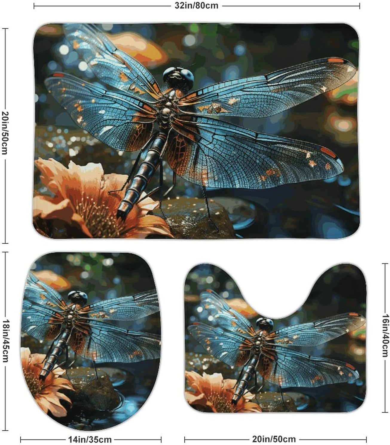 Anti-Skid Floor Mats 3 Piece Set,Dragonfly Flying on The Pond Printed Coral Fleece Bathroom Mats U-Shaped Contour Mat Toilet Seat Cover for Bathroom, Tub, Shower, Kitchen 19.7"x31.5"