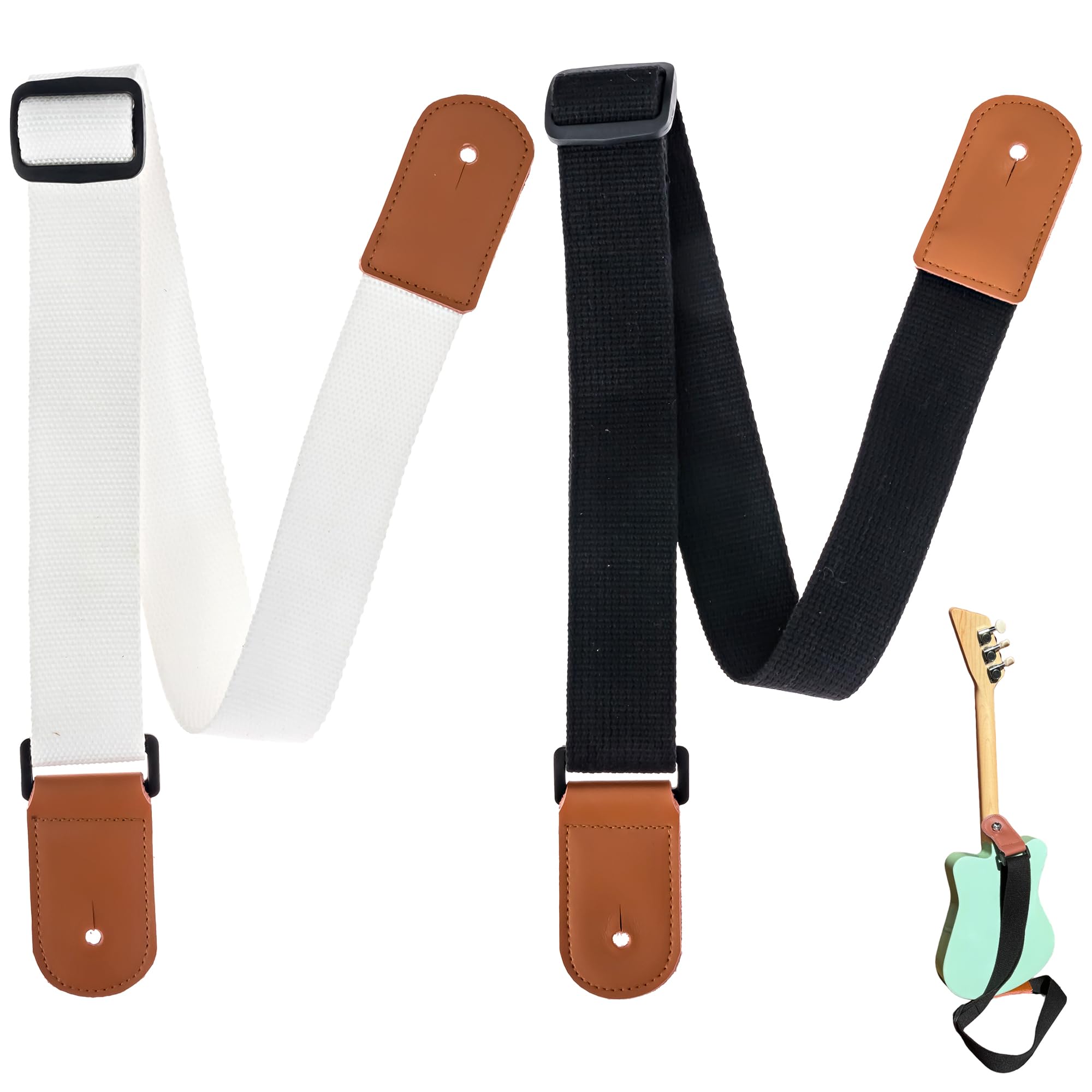 [2 Pack] Guitar Strap for Kids - 1 White Strap + 1 Black Strap With Leather Ends - Perfect Fit For Mini Guitars & Ukuleles - Extends Up To 39" For Adults