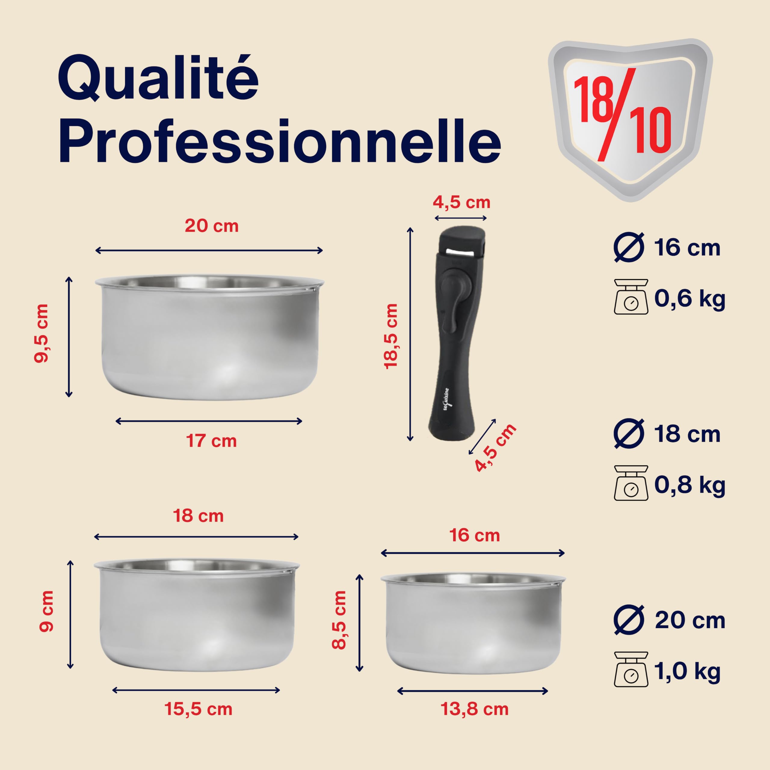 Lot Coffret de 3 Casseroles Inox 18/10 Triply - 16/18/20 cm - Manche Amovible - Sans Revêtement - Sans PFAS, PFOA, PTFE - Compatible Tous Feux Dont Induction - Cuisson Saine et Durable