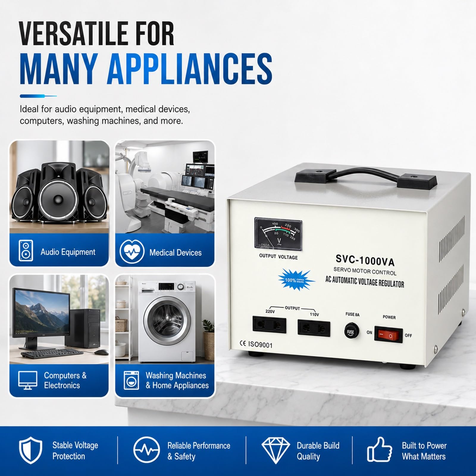 Regulador de Voltaje Automático Alta Precisión Estabilizador 110V/220V | Convertidor de Voltaje Entrada 160V-240V Protección Segura Continua para Electrónica PC TVs y Refrigeradores(1000VA)