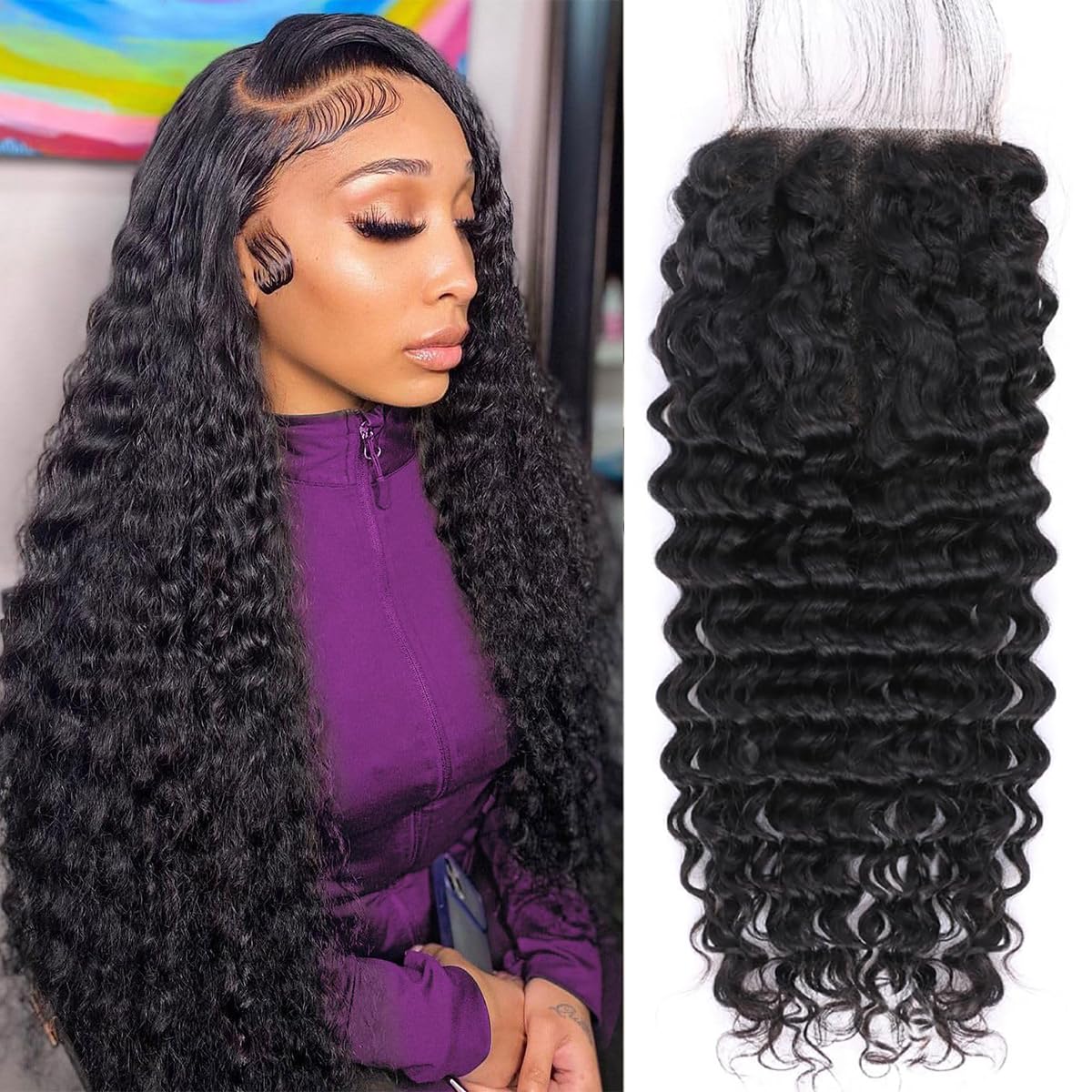 5x5 Closure Deep Wave Transparent HD Lace Closure Brazilian Virgin Human Hair Closure Curly Lace Frontal Pre Plucked with Baby Hair Natural Color 16 Inch