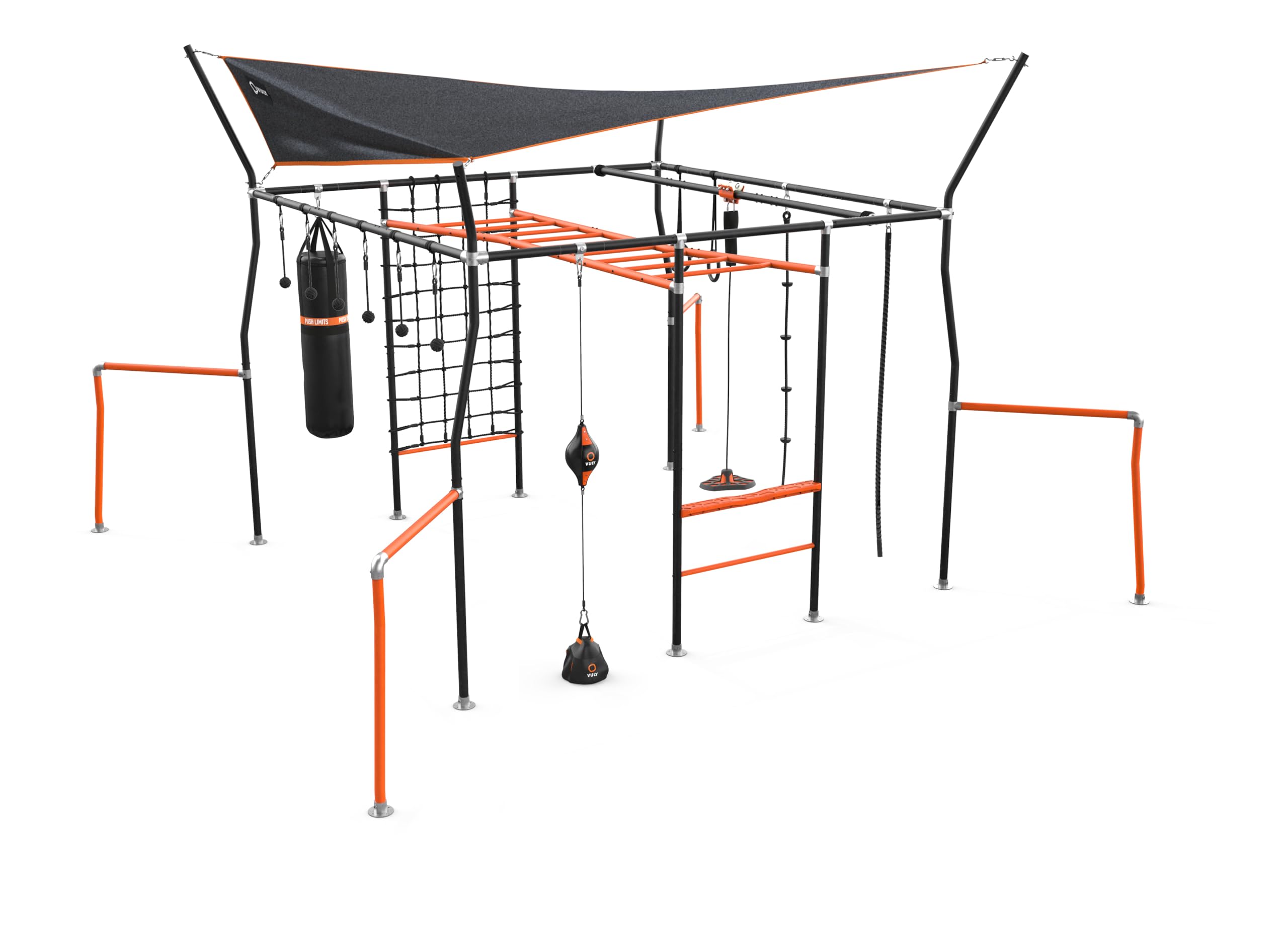 Vuly Ninja Quest Monkey Bars Extra Large Playset & Jungle Gym with Shade Cover, Cargo Net, Ninja Grips, Gym Rope, Jungle Rope, Flying Fox, Roman Rings, Boxing Bag & Punching Ball