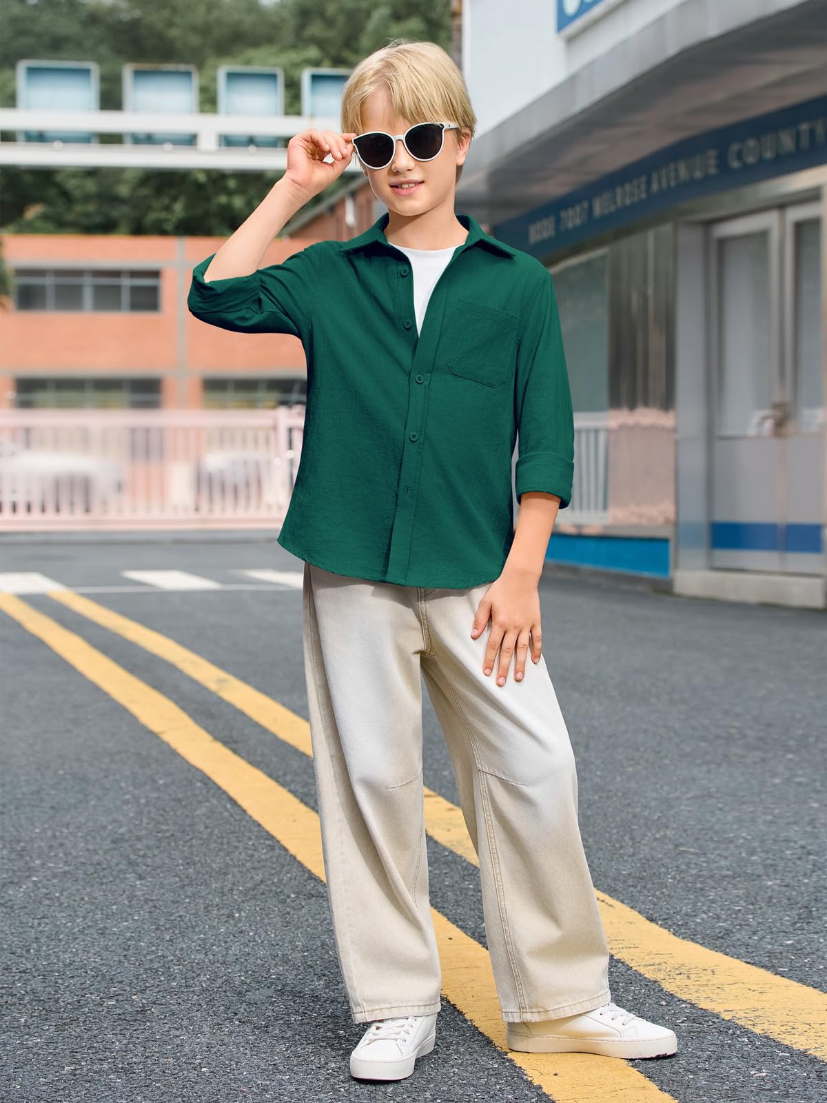 Haloumoning Camicia a maniche lunghe per bambini, in lino, con bottoni, per uniforme scolastica, 5-14 anni