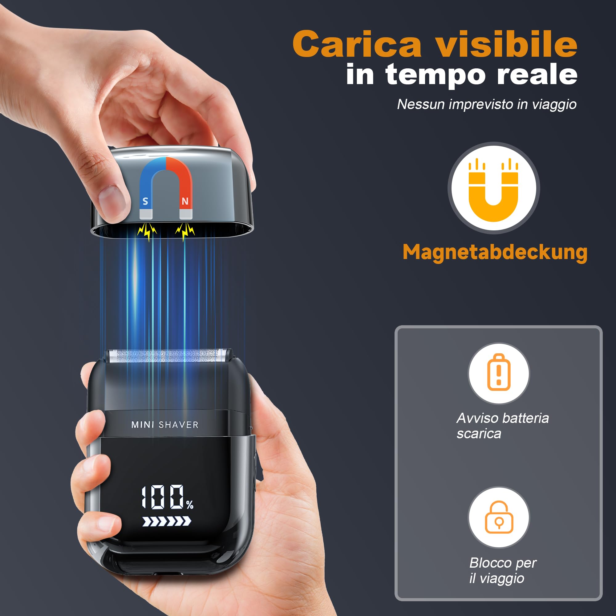 Mini Rasoio Elettrico Barba con Display LED, Rasoio Elettrico Uomo Impermeabile IPX7, Portatile Silenzioso e Lavabile