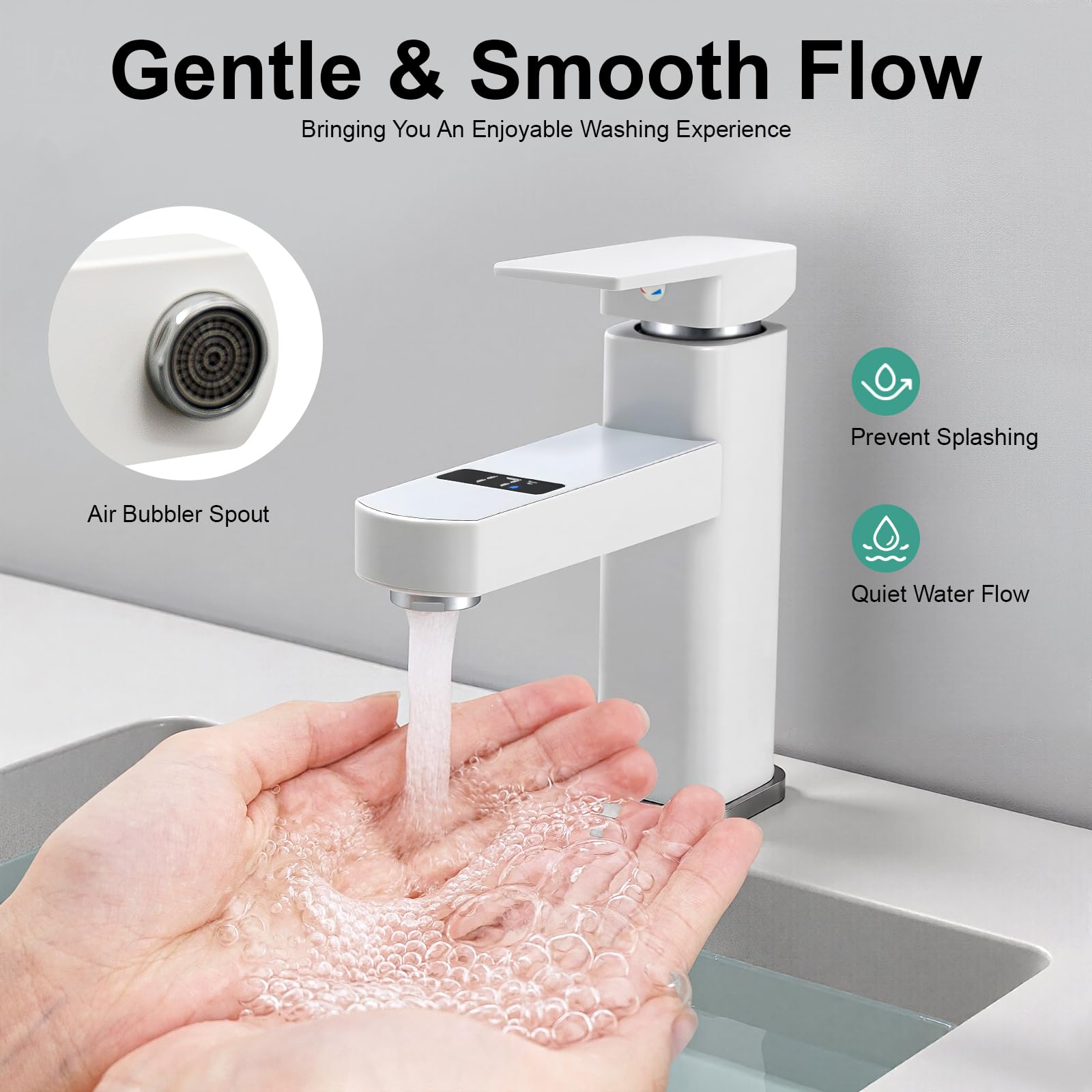 Mitigeur Lavabo avec Affichage Numérique de Température, Robinet Salle de Bain Noir Blanc Monocommande, Robinet Vasque avec Mousseur et Cartouche Céramique, Eau Chaude Froide (Blanc)