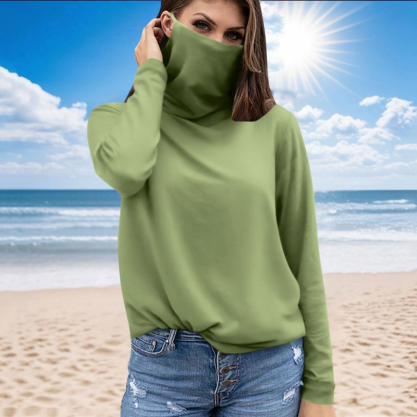 SPF Shirts for Women Long Sleeve Lightweight Rash Guard Hiking Tops UPF 50+ Sun Protection Cooling Blouse with Mask(Dark Green,XX-Large)