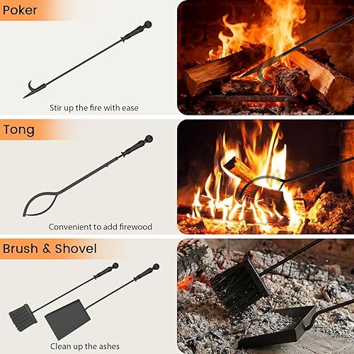 Miniatura 8 de Tangkula Juego de herramientas para chimenea de 5 piezas, 4 en 1 para interiores y exteriores, juego de herramientas con póker, pinzas, cepillo,