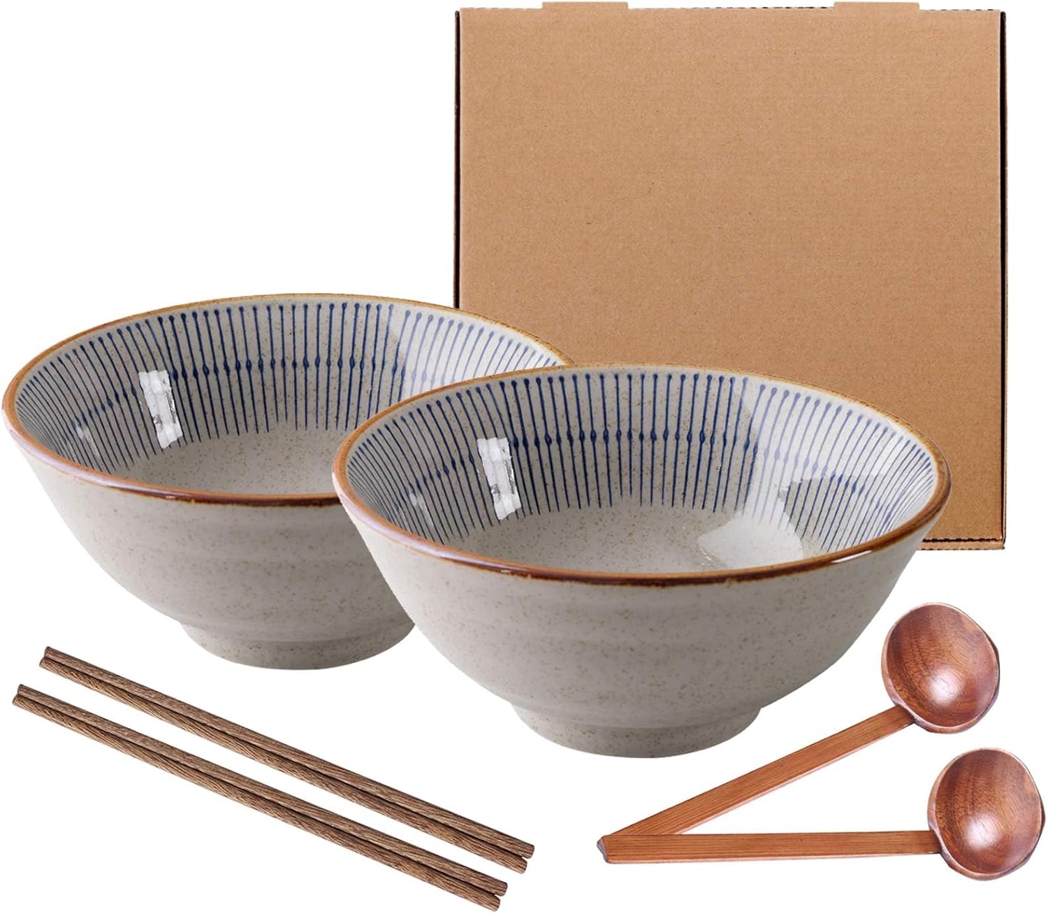 40oz Japanese Style Ceramic Ramen Bowl Set of 2, 8 Inch Large Capacity Noodle Bowls with Chopsticks & Wooden Spoons, Gray Bowls with Blue Stripes for Ramen, Pho, Udon, Soup & Asian Food