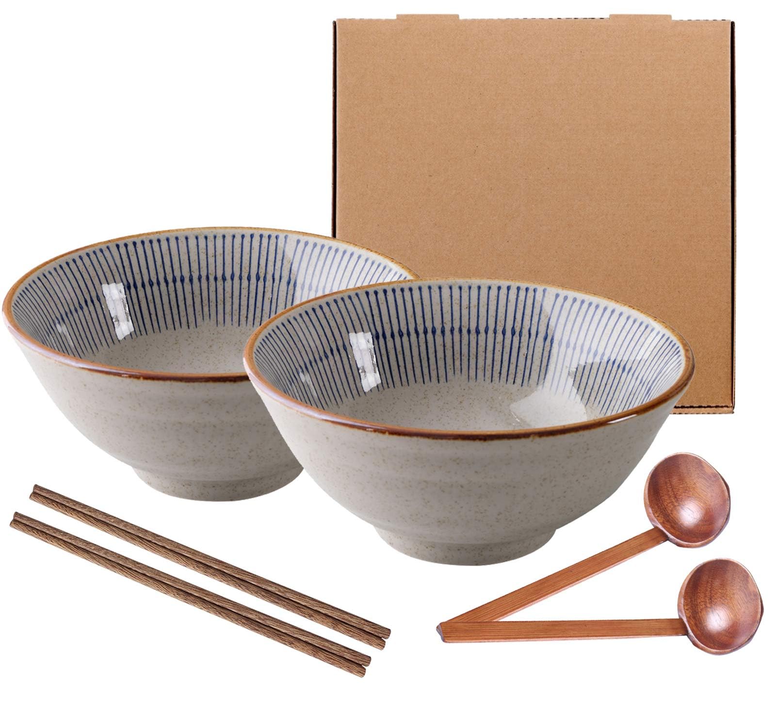 Eudazl 40oz Japanese Style Ceramic Ramen Bowl Set of 2, 8 Inch Large Capacity Noodle Bowls with Chopsticks & Wooden Spoons, Gray Bowls with Blue