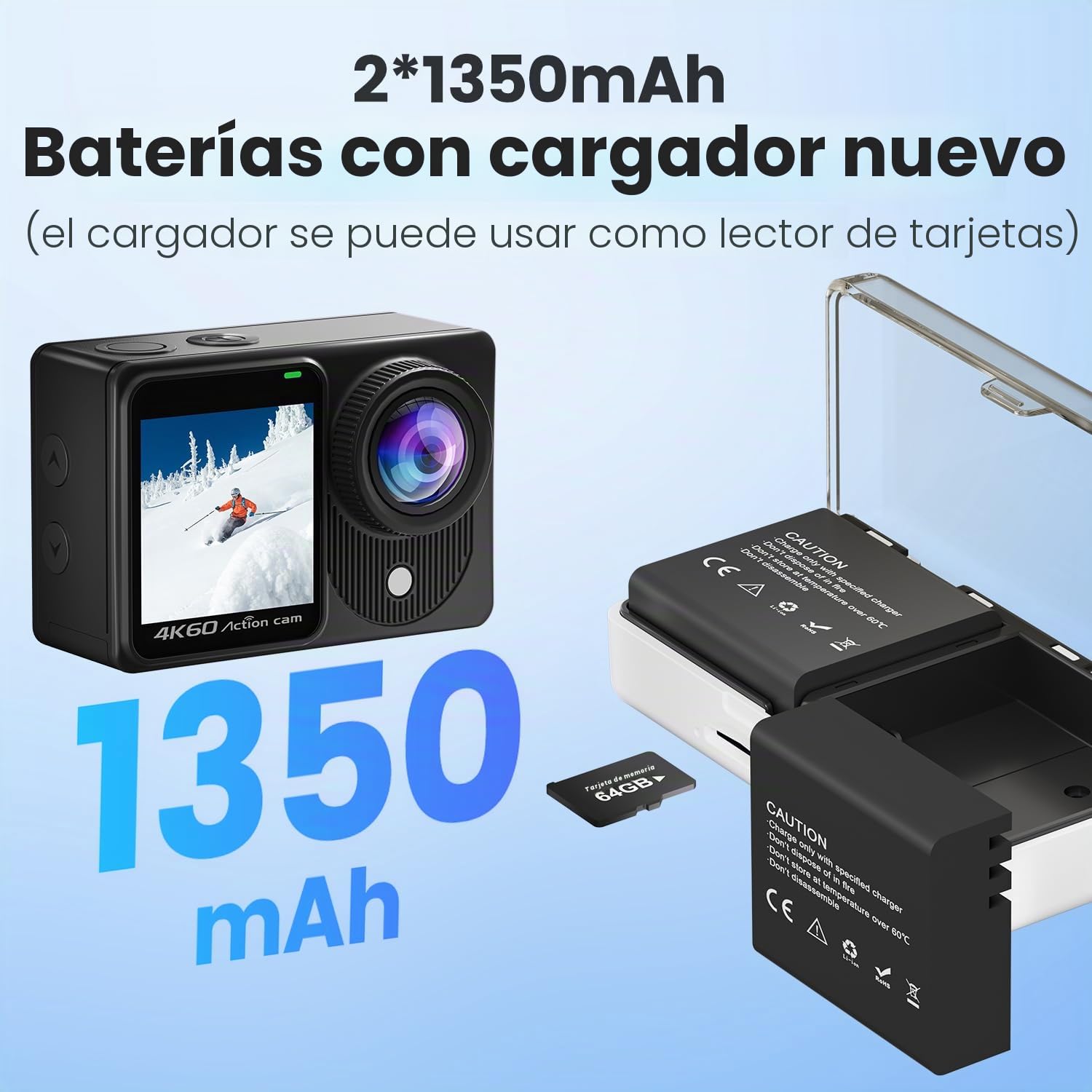 Dualscreen 4K60FPS Cámara Deportiva, Cámara Acuática 40M, 48MP Videocámara WiFi con Pantalla táctil EIS, Zoom de 8X, Cámara de Acción con 2 baterías de 1350 mAh