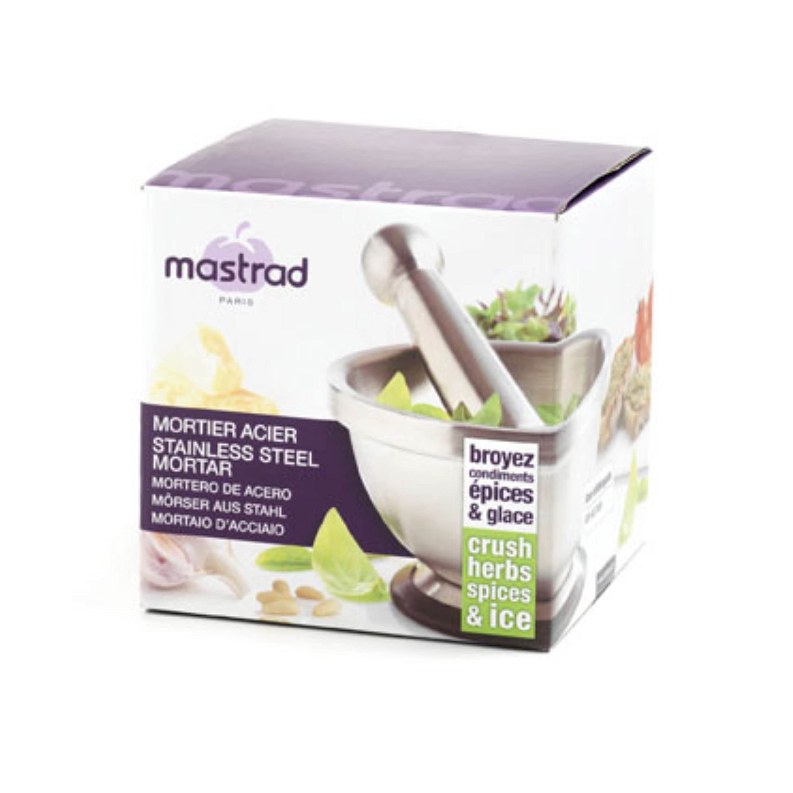 MASTRAD – Mortier Et Pilon De Cuisine– Inox Incassable – Non-Poreux – Base Stable – Design - Acier Inoxydable, 135x135x80
