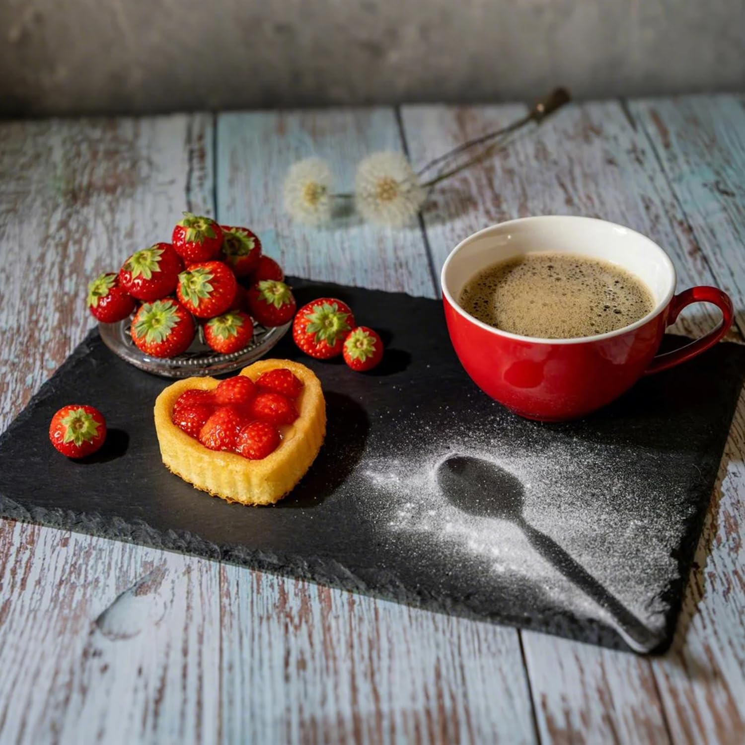 Paquete de 4 tablas de queso de pizarra negra de 12 x 10 pulgadas, bandeja rectangular de piedra natural con 4 tizas de piedra para servir alimentos, carnes, frutas, aperitivos