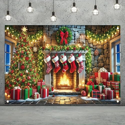 Cartel navideño para chimenea de 71 x 43 pulgadas, caja de regalo, decoración de fondo de fotografía para fiestas de vacaciones