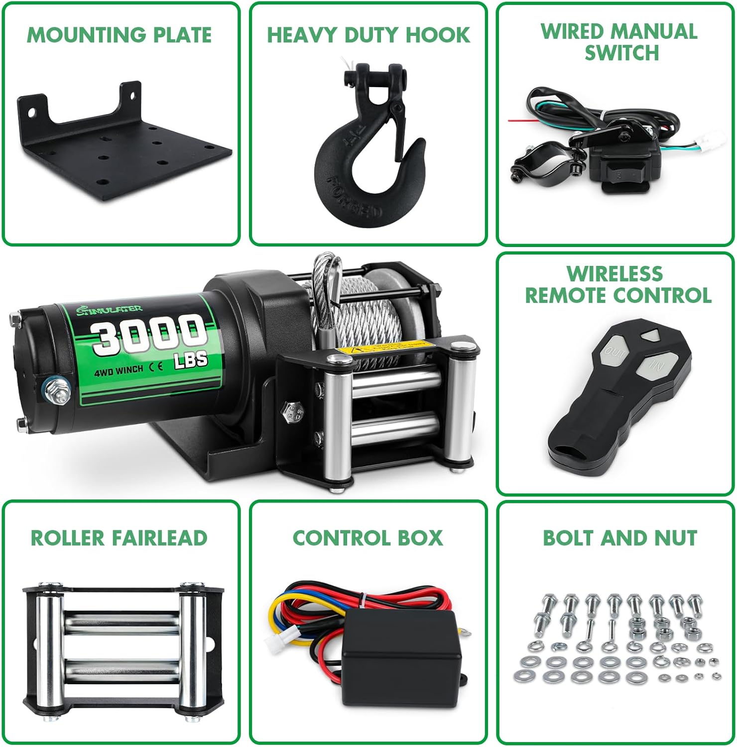 3000lb ATV Winch,Electric Winch 12V,Steel Cable Winch, with Wireless Remote and Manual Switch, with Hawse Fairlead & Hook,IP67 Waterproof,Suitable for Most Trailers and ATV winchs