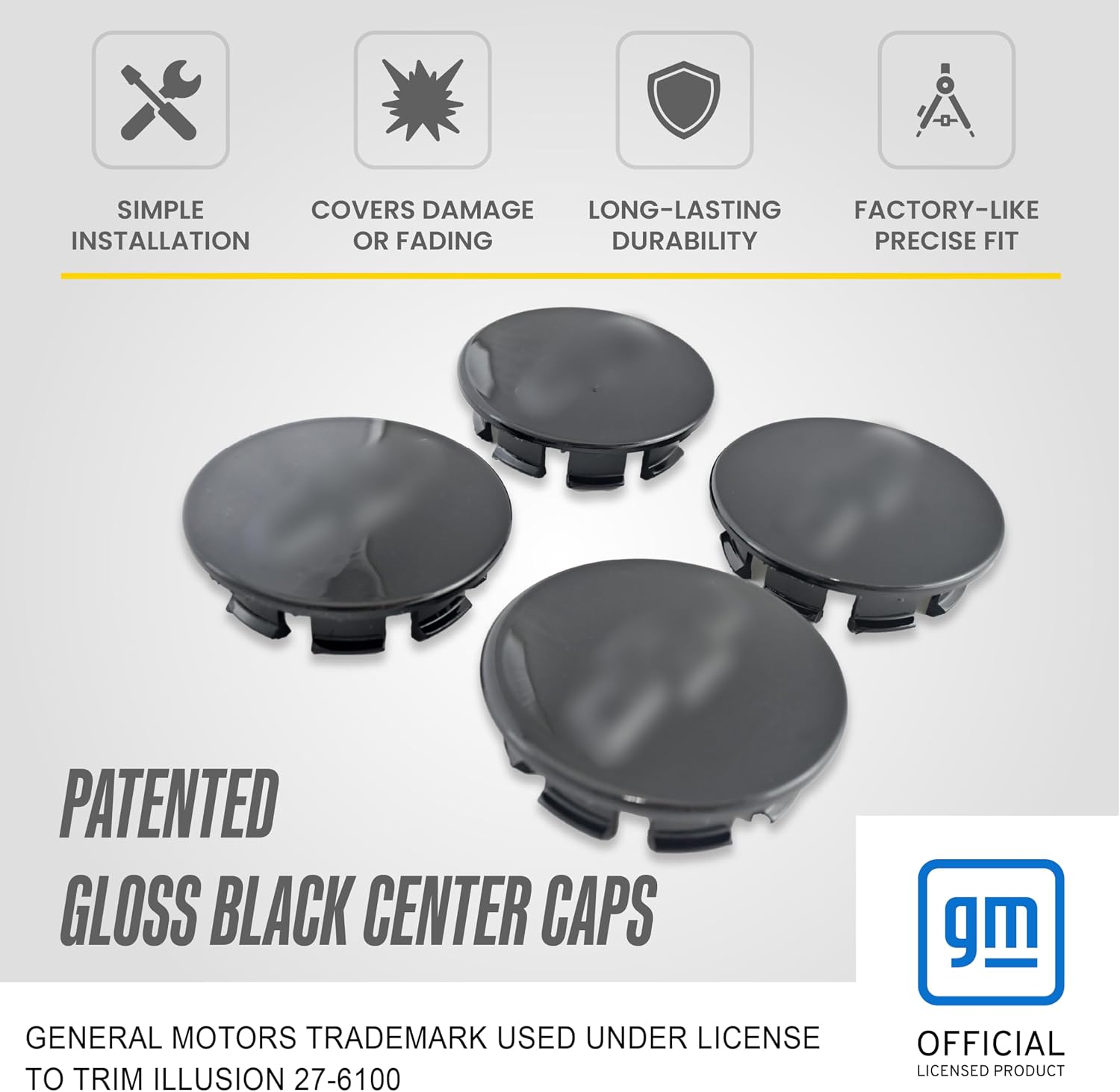 Trim Illusion GM Official Licensed Gloss Black Wheel Center Hub Cap for Chevrolet Malibu, Impala, Equinox & Cruze | Easy No-Tool Install | US Patented