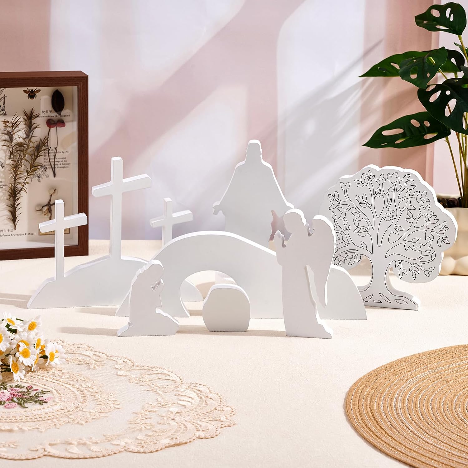 APUDW 7 Pcs Easter Scene and Cross Decoration White Wooden Empty Tomb Resurrection Scene Tabletop Display Christian Religious Jesus Nativity Set for Easter Holy Week Home Office Church Tray Shelf