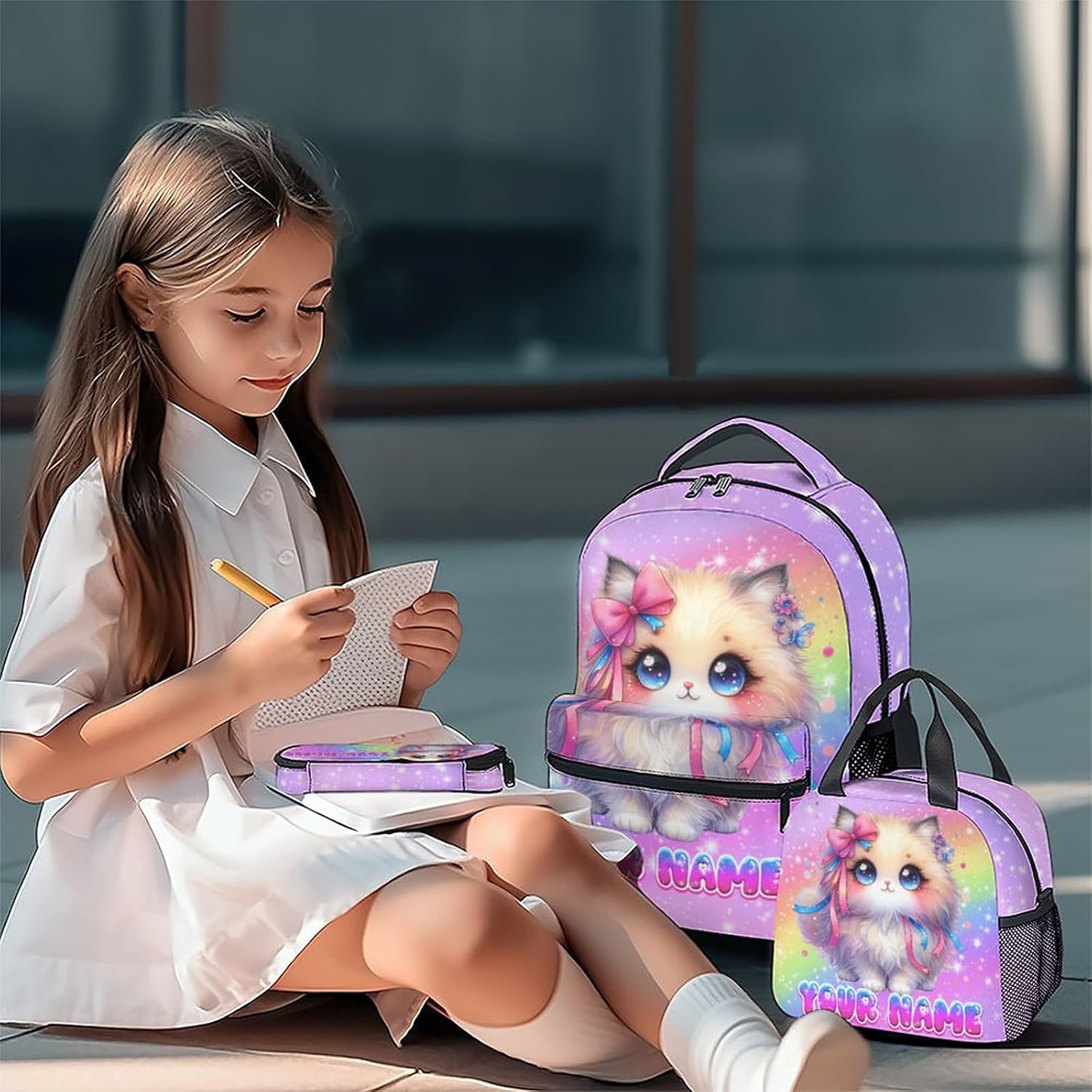 School Backpack for Girls, 3Pcs Personalized Cat Backpack Set, Kids Bookbag for Kindergarten/Elementary/Preschool, 17" School Bag with Lunch Box Pencil Case