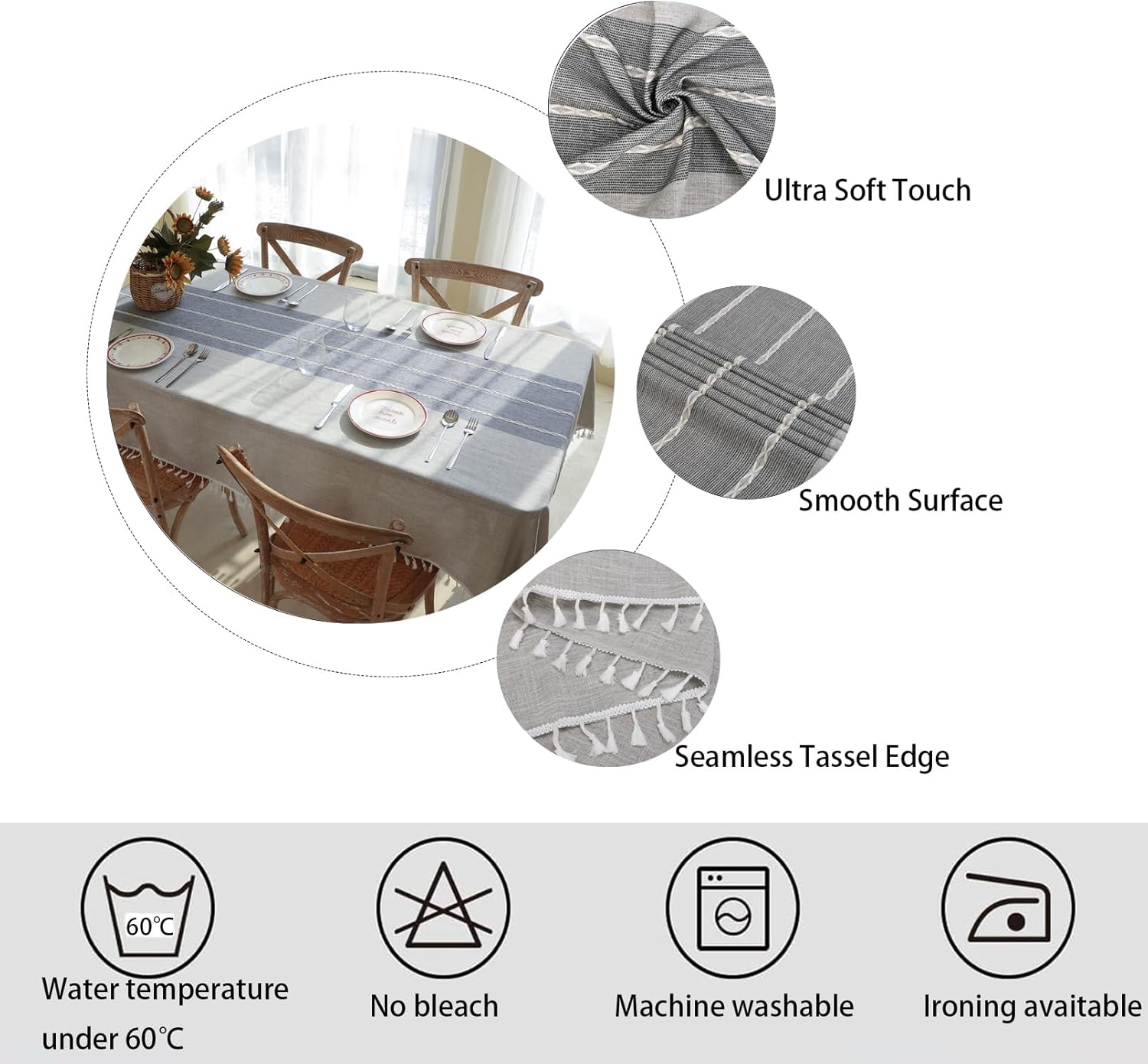 Winknowl Rustic Tablecloth, Cotton Linen Fabric Wrinkle Free Table Cloths, Washable Rectangle Table Cover Decoration for Kitchen Dinning Party for 8-10 Seats, Light Crey Lines, 55x102 Inch