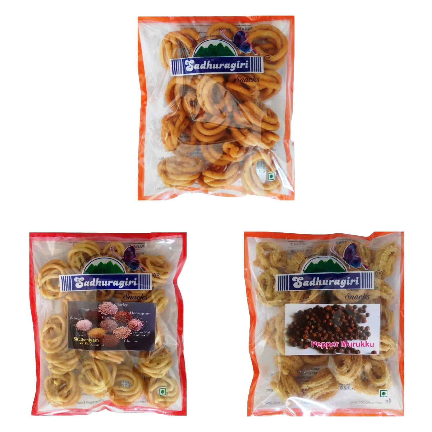 Sadhuragiri Theni Flavored Muruku (120g x Pack of 3) Spicy, Pepper & Multi Millets or Curry