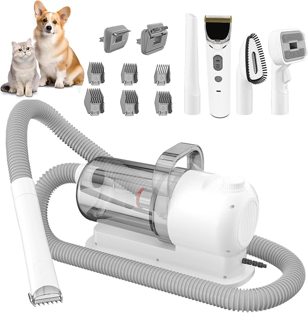 Dog Grooming Vacuum Kit & Pet Clipper Grooming 6 in 1 Dog Shedding Brush Vacuum for Pet Grooming Suction 99% Pet Hair with 6 Proven Hair Clipper Combs