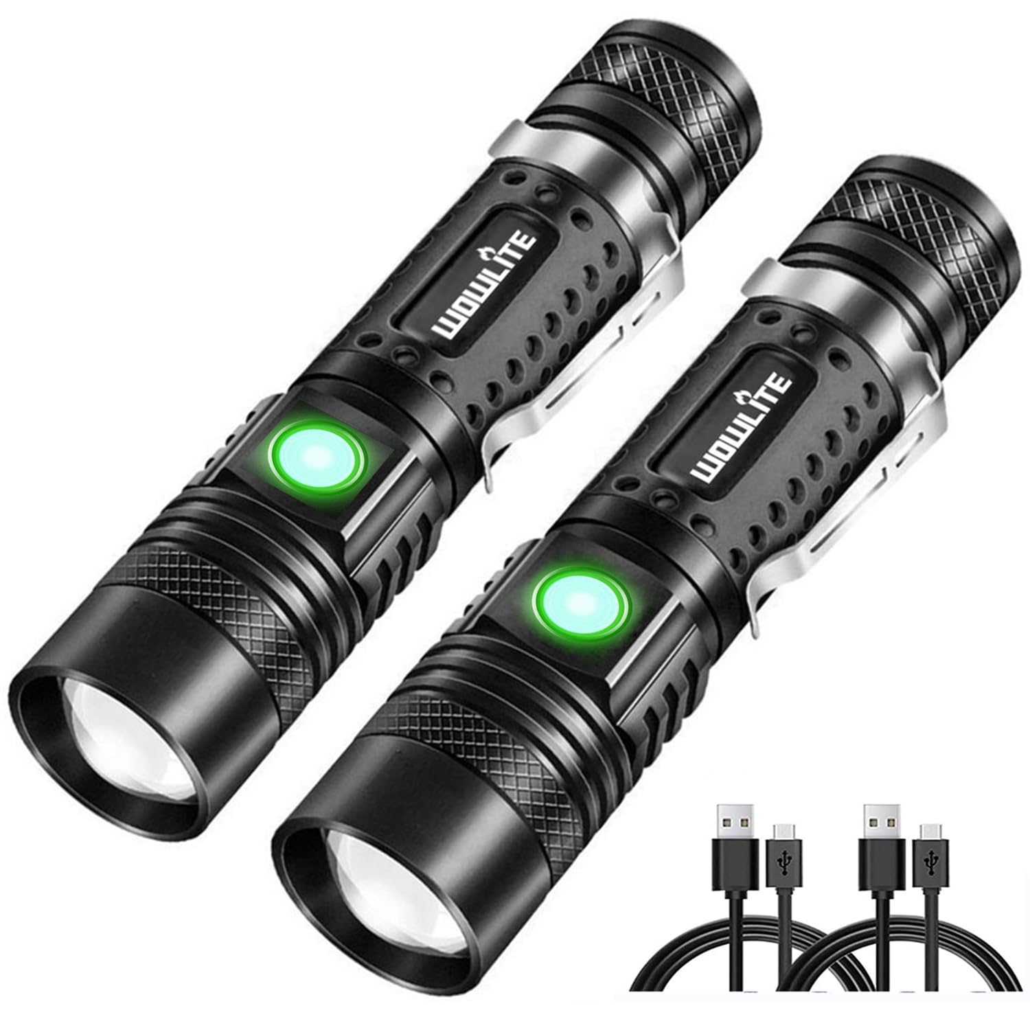Rechargeable Flashlight [2 Pack], Wowlite Tactical Flashlight with Clip - High Lumens, 4 Light Modes, Water Resistant, Zoomable, Pocket-Sized LED Flashlight for Emergency Camping Hiking