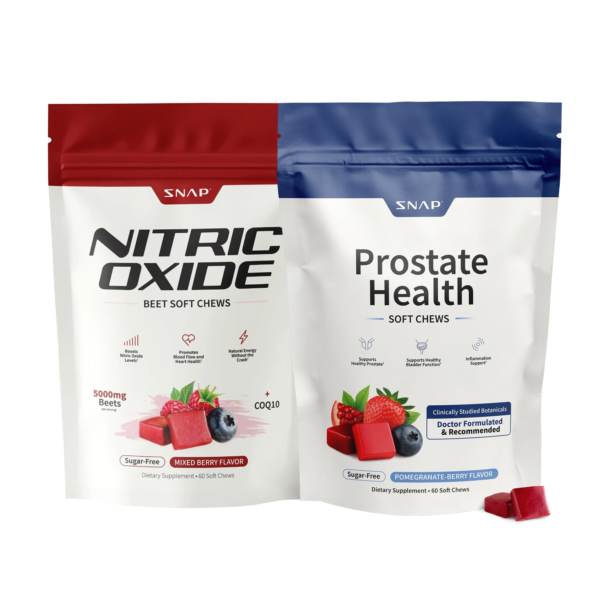 Snap Supplements Prostate Health + Nitric Oxide Bundle, 60 Soft Chews Each | Plant Sterols, Stinging Nettle Root & Reishi Mus
