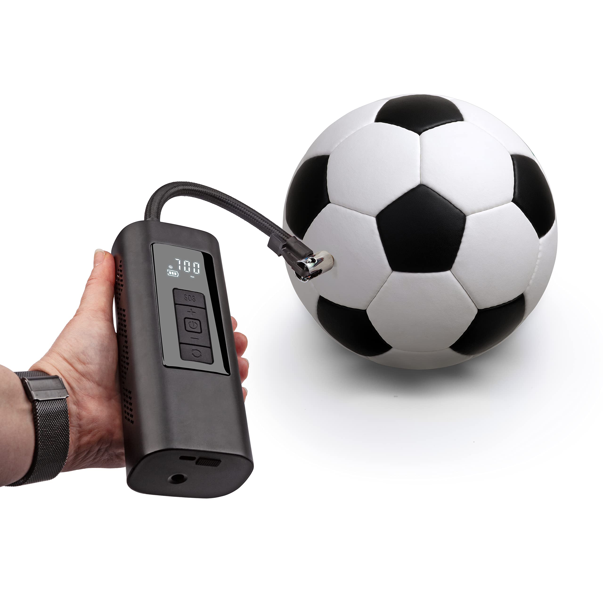 Telestar TROTTY PUMP Pro - elektrische Luftpumpe/Akku Kompressor Mini (Fahrrad/Motorrad/Auto/E-Scooter/Ball usw., max. 10 Bar - 150 PSI, 12 Volt, digitales Display, Taschenlampe & Powerbank)