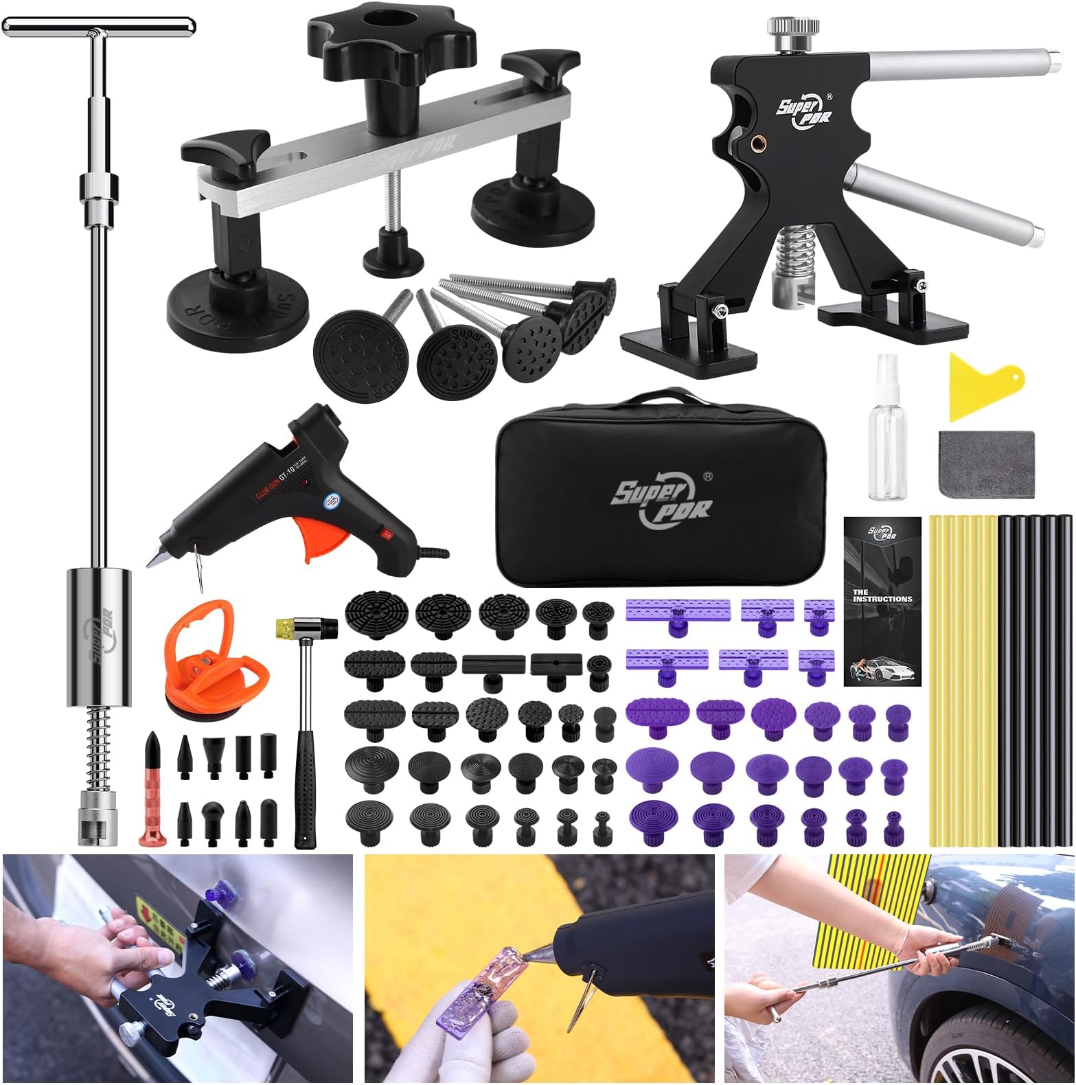 Super PDR 75Pcs Dent Puller Kit for Paintless Dent Repair, Comprehensive Auto Body Repair Tool with 3 Kinds of Puller, Extra Glue Tabs, Toolbag etc, Reusable Dent Removal Kit for Large/Small Dents