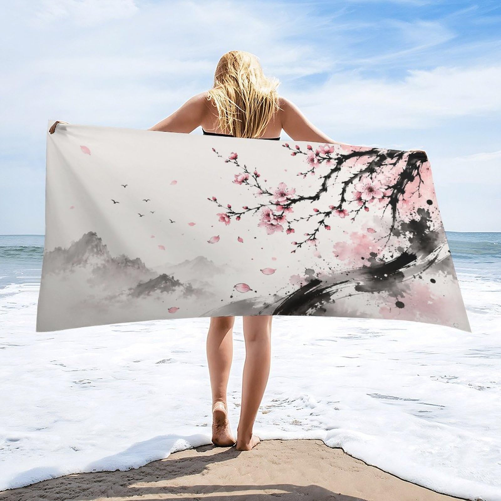 Anceky Cherry Blossom Mountain Landscape Beach Towel 32"×63",Soft Microfiber Bath Towel Shawl, Quick Dry Absorbent Pool Spa Gym Shower Towel