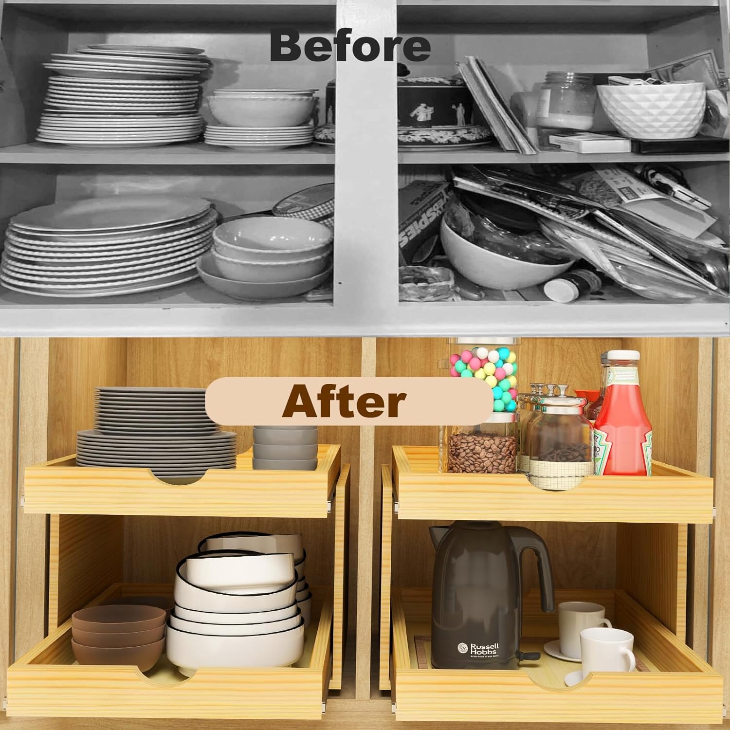 2 Tier Pull Out Cabinet Organizer 14''W×21''D×16.2''H Heavy Duty Slide Out Wood Sliding Drawer, Cabinet Shelf Pull Out Drawer Storage Organizer for Kitchen Pantry Bathroom