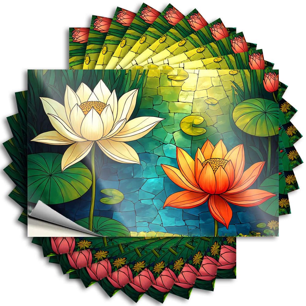 Fzfn Colour Sticker Metal Room Decorations Aesthetic Tumbler A Vibrant Stained Glass Scene Featuring Blooming Lotus Flowers - No Residue Decals For Christmas(12X18cm)