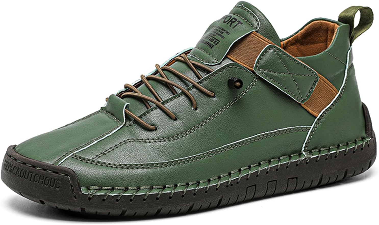 Women's Retro Leather Slip-On High Top Ankle Boots with Adjustable Elastic Band Hand-Stitched Lace-Up Detailing Comfort Flat Heel Loafers Shoes for Casual Outdoor Hiking Walking