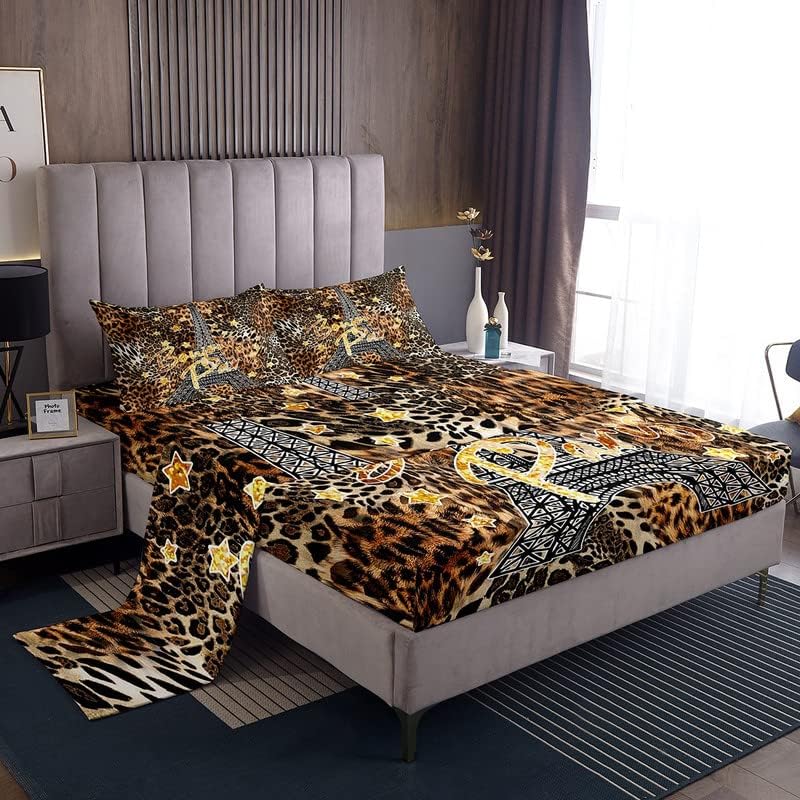 Miniatura 1 de Juego de sábanas con estampado de leopardo de la Torre Eiffel con sábana bajera de bolsillo profundo para niños, adolescentes, juego de sábanas con