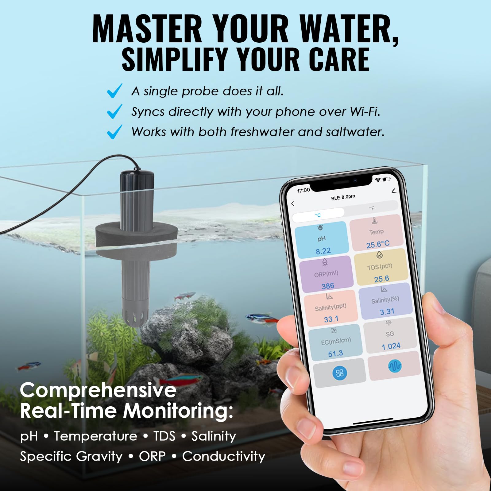 TEKCOPLUS Smart WiFi - Monitor digitale 7 in 1 per acquari e colture idroponiche, tester per pH, temperatura, TDS, salinità CE, gravità specifica e ORP, sonda multi-parametro in tempo reale con